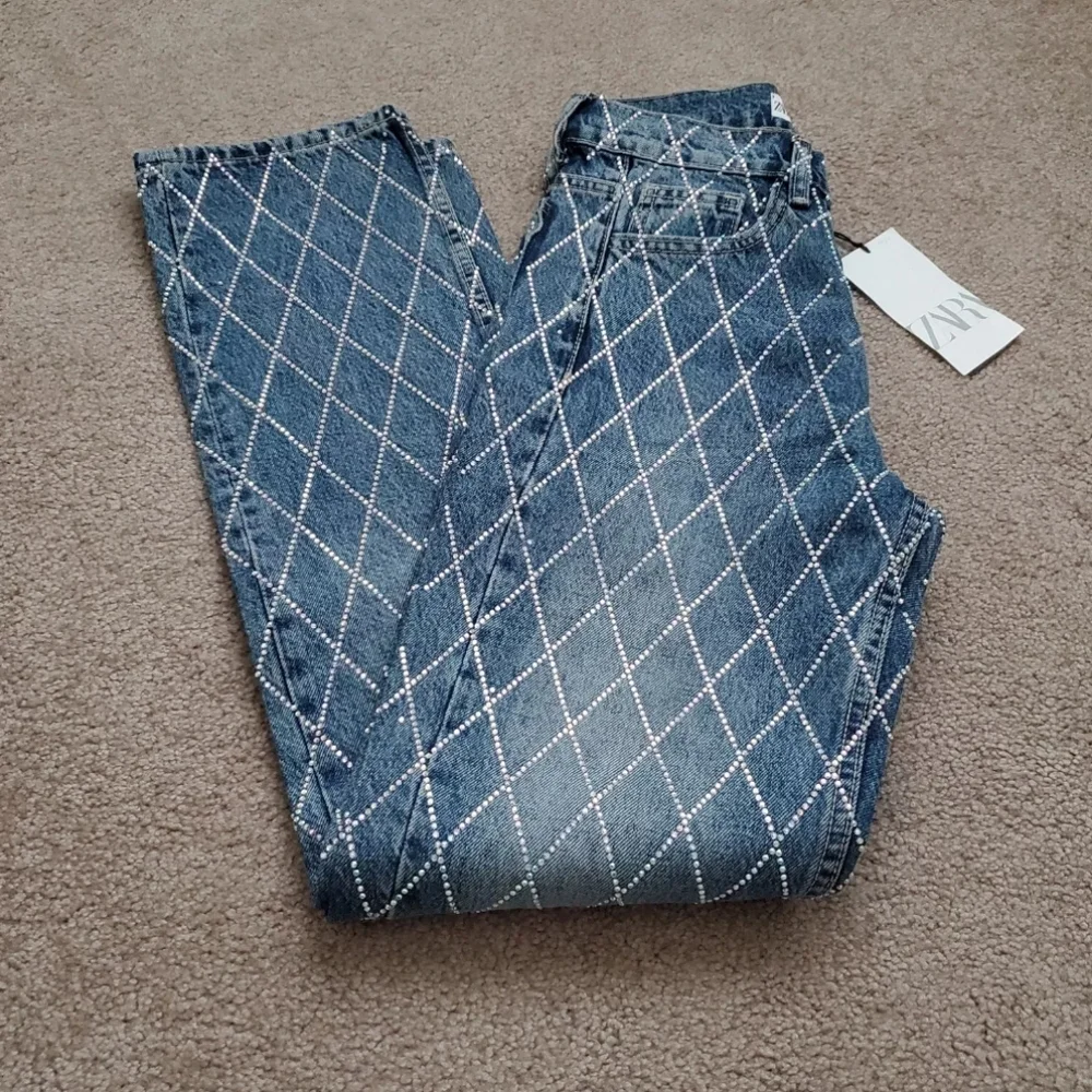 Zara RHINESTONE JEWEL STRAIGHT JEANS BLUE Size 2/26
